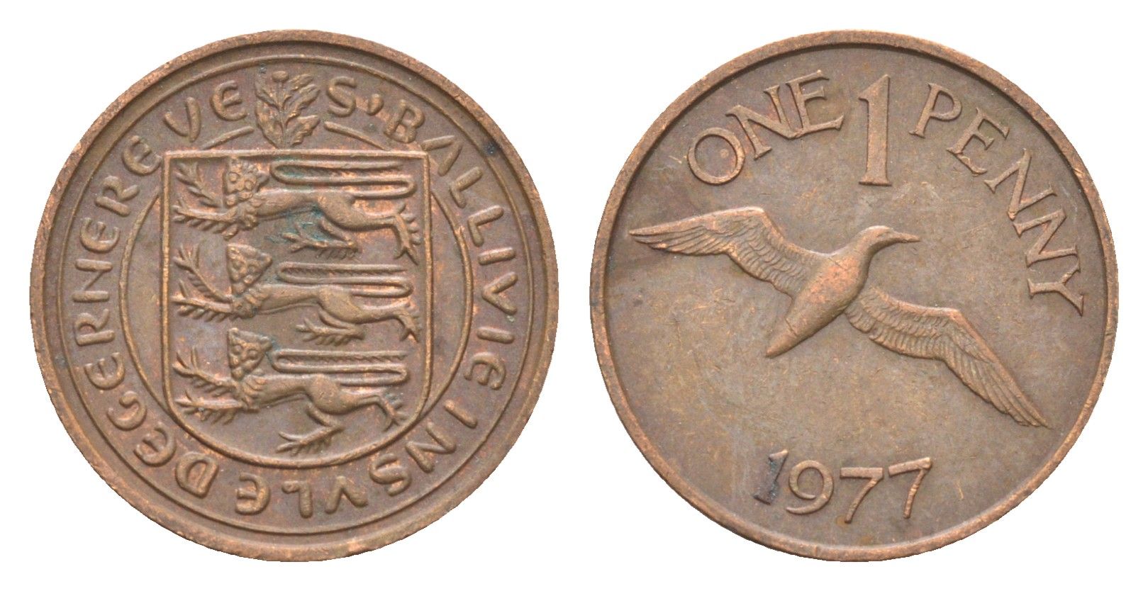 Гернси 1 пенни 1977 Елизавета II (1952-2022), северная олуша в полете KM 27 бронза 4702-719