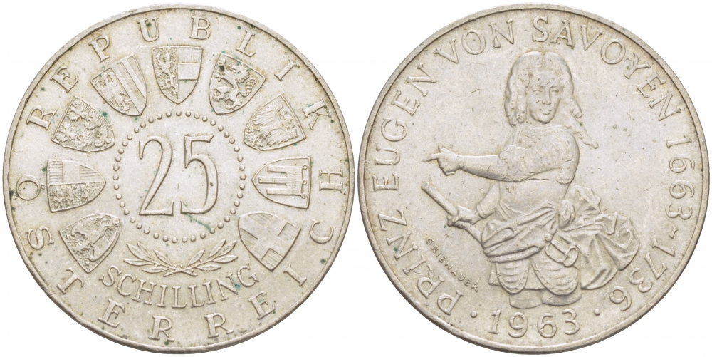 Австрия 25 шиллингов 1963 300 лет со дня рождения Евгения Савойского KM 2893 серебро aUNC 00-00