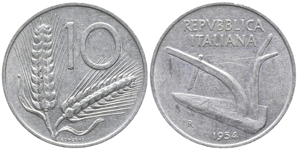 ИТАЛИЯ 10 ЛИР 1954 R, ПЛУГ KM 93 алюминий 34-1245