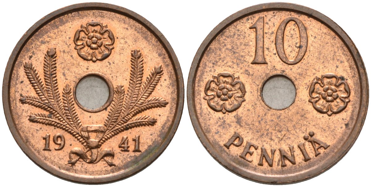 Финляндия 10 пенни 1941 республика (1918-1962) KM 33.1 медь 4588-1055