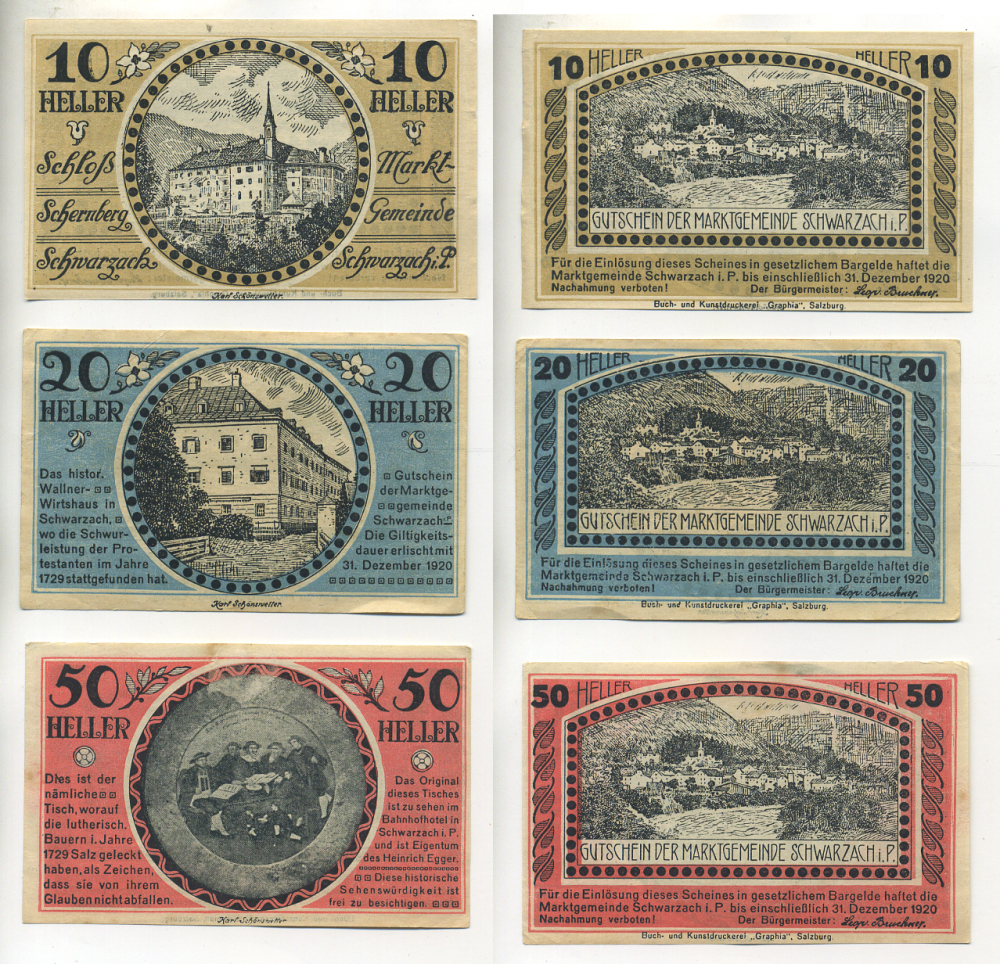 АВСТРИЯ НАБОР ИЗ 3 БАНКНОТ 1920 ДО 31 ДЕКАБРЯ 1920, НОТГЕЛЬД, 10, 20, 50 ГЕЛЛЕРОВ, SCHWARZACH i.P. бумага XF 7204-4-2