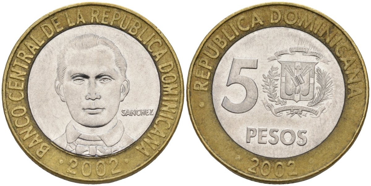 Доминиканская республика 5 песо 2002 Санчес KM 89 биметалл 4143-1152