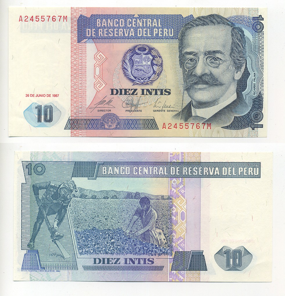 Перу 10 инти 1987 Рикардо Пальма, писатель, ученый, библиотекарь Pick 129 бумага UNC (пресс) 6317-7-1