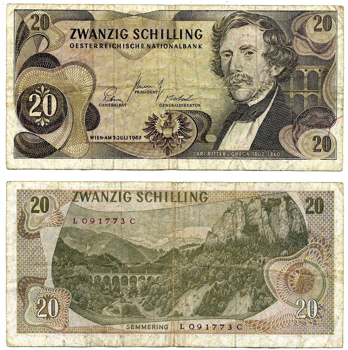 АВСТРИЯ 20 ШИЛЛИНГОВ 1967 (1968) 2 ИЮЛЯ 1967, КАРЛ РИТЕР фон ГЕГА Pick 142а бумага 7203-35-2-1