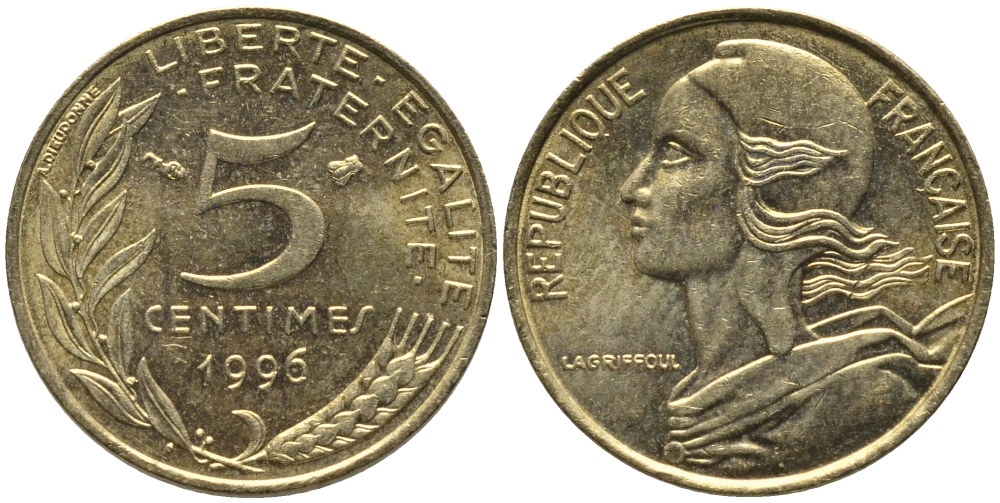 ФРАНЦИЯ 5 САНТИМОВ 1996 ТИП MARIANNE KM 933 медь алюминий никель 99-1129