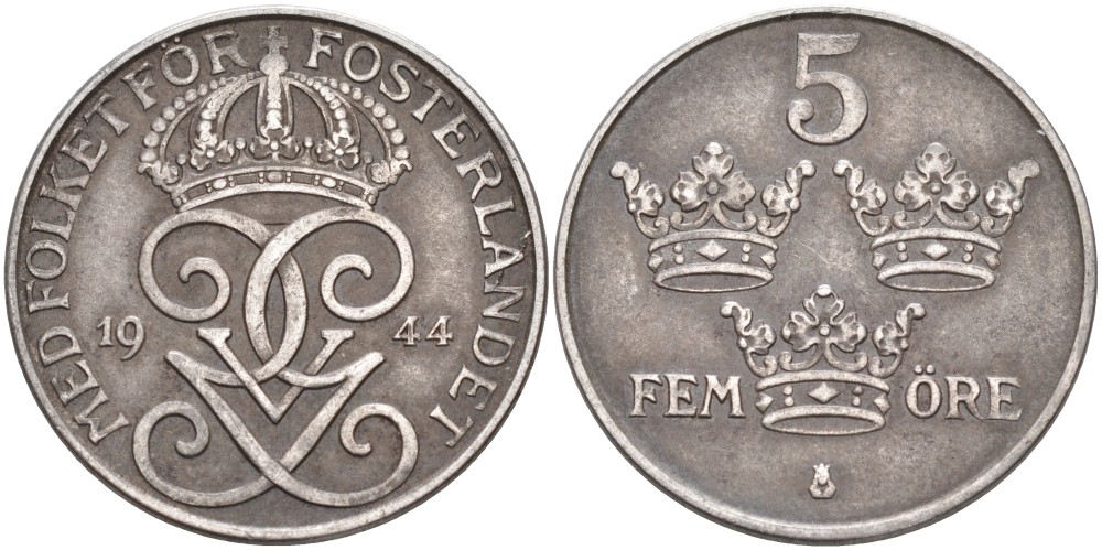 Швеция 5 эре 1944 Густав V (1907-1950) KM 812 железо 4557-713