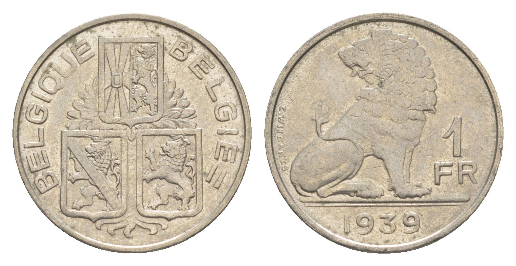 Бельгия 1 франк 1939 Belgique - Belgie, Леопольд III (1934-1947) KM 119 никель 4619-1047