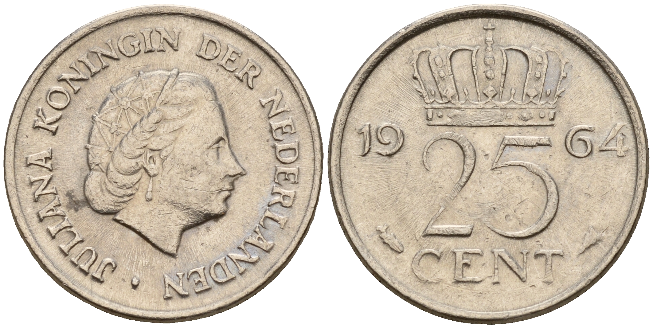 Нидерланды 25 центов 1964 Юлиана (1949-1980) KM 183 никель    4598-422