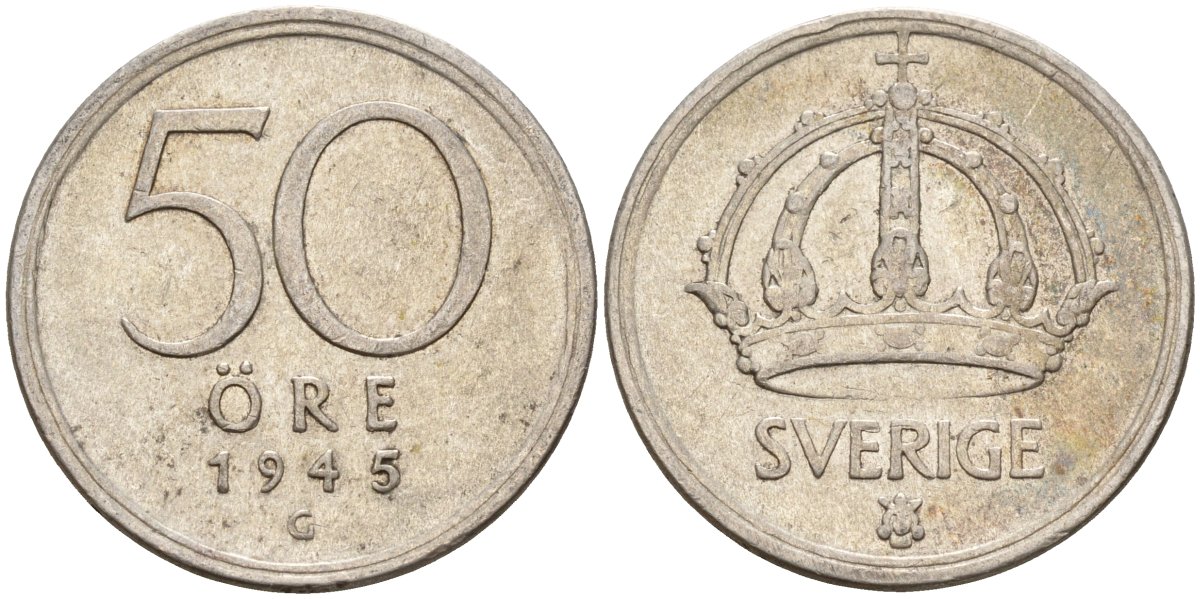 Швеция 50 эре 1945 G, Густав V (1907-1950) KM 817 серебро 4148-847
