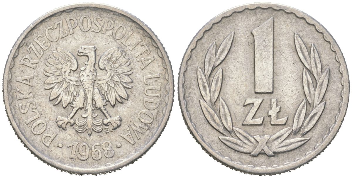 Польша 1 злотый 1968 MW, редкий год Y 49.1 алюминий 4591-846