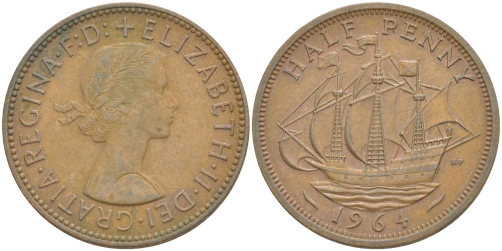 Великобритания 1/2 пенни 1964 Елизавета II (1952-2022) KM 896, Spink 4158 бронза 4544-141