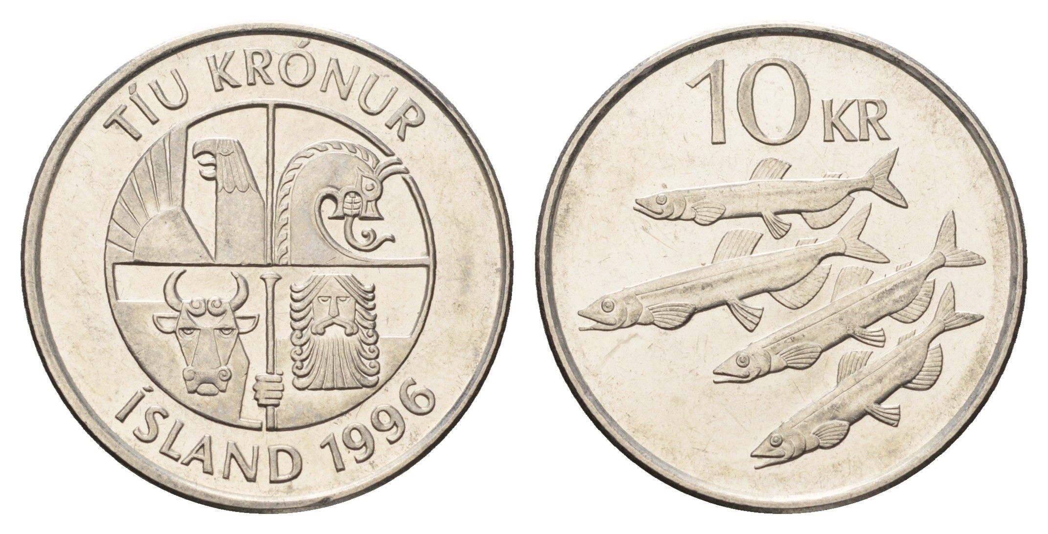 Исландия 10 крон 1996 рыбы KM 29.1a сталь плакированная никелем UNC 4691-243