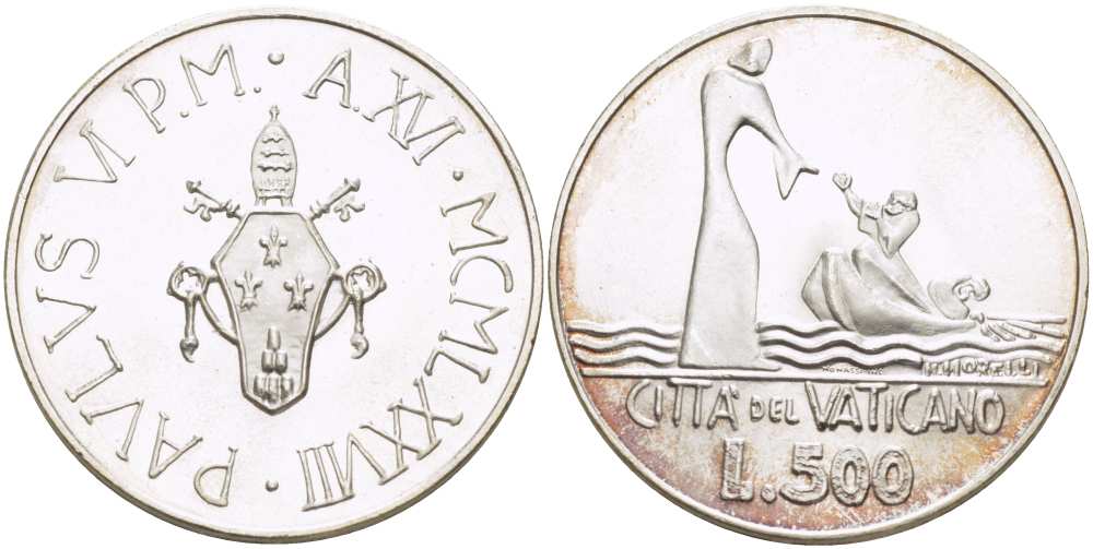 ВАТИКАН 500 ЛИР 1978 XVI ГОД, ПАВЕЛ VI (1963-1978), ИЕСУС СПАСАЕТ ЛЮДЕЙ В ЛОДКЕ, ПРОБА 835, ВЕС 11 ГР., ТИРАЖ 145000 ЭКЗ., ДИАМЕТР 29,3 ММ. KM 139 серебро 4512-823