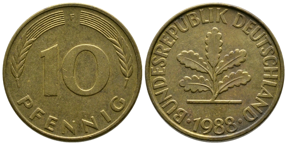 ФРГ 10 ПФЕННИГОВ 1988 F KM 108, J.383 сталь плакированная латунью 41-1134
