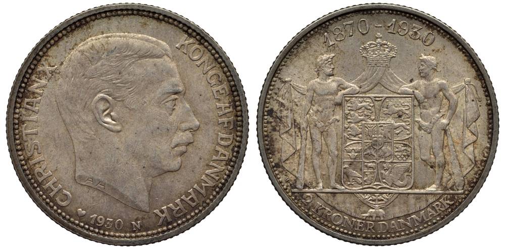 Дания 2 кроны 1930 N; AH, 60 лет королю Кристиану X (1870-1930) KM 829 серебро 69-426