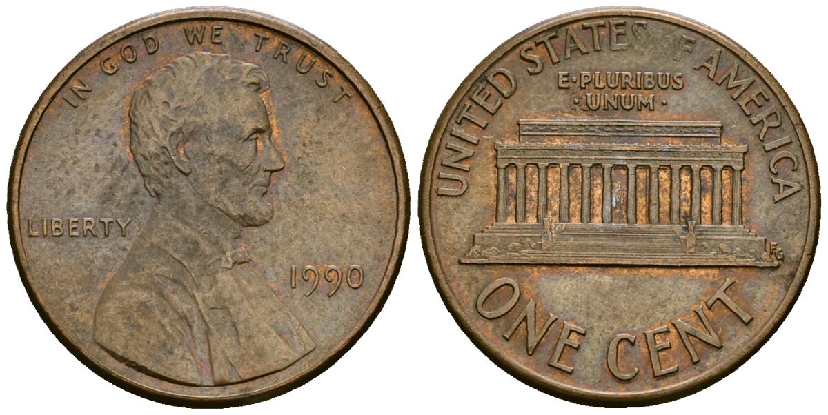 США 1 цент 1990 Линкольн KM 201b цинк плакированный медью 4136-338