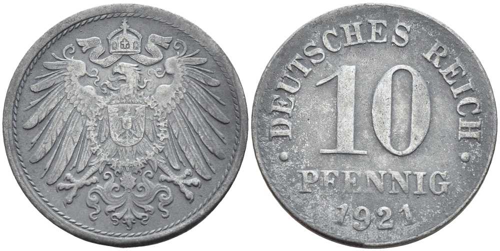 ГЕРМАНИЯ 10 ПФЕННИГОВ 1921 KM 26, J. 299 цинк 4401-215