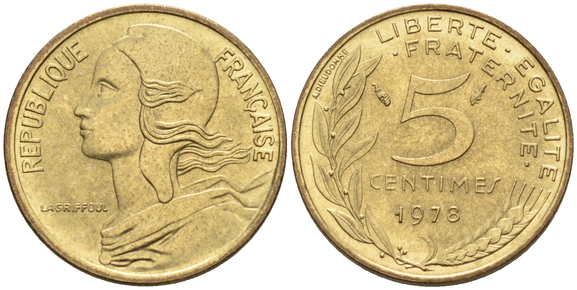 Франция 5 сантимов 1977 тип Марианна KM 933 никель алюминий медь    4594-1134