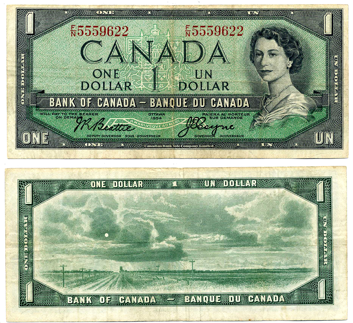 Канада 1 доллар 1955-1961 подписи BEATTIE-COYNE, CBNC Pick 74a бумага 2197-1-3-2