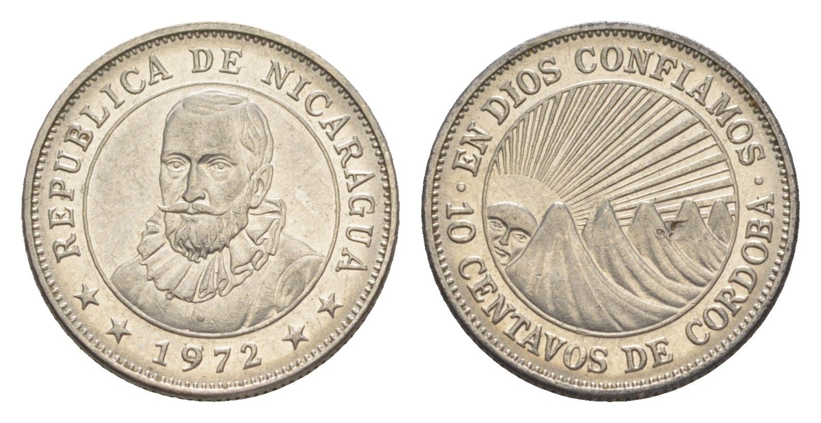 Никарагуа 10 сентаво 1972 KM 17.2a сталь плакированная никелем UNC 4640-1022