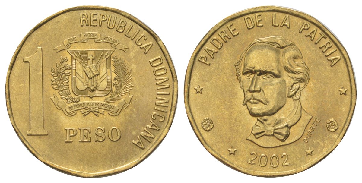 Доминиканская Республика (Доминикана) 1 песо 2002 KM 80.2 латунь UNC 4622-1212