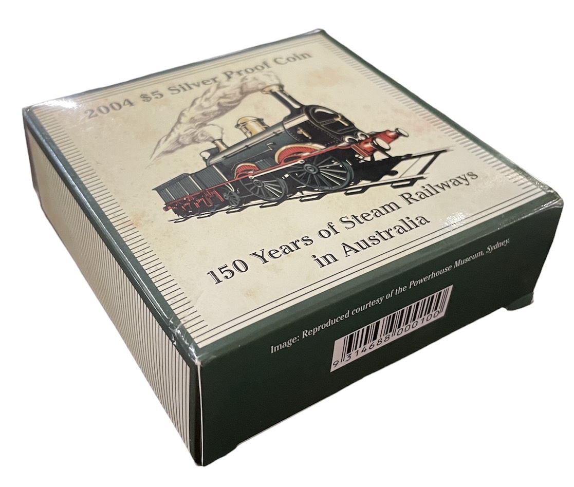 Австралия 5 долларов 2004 150 лет железным дорогам Австралии, в оригинальной коробке с сертификатом KM 730 серебро   PROOF 3-4-11-06