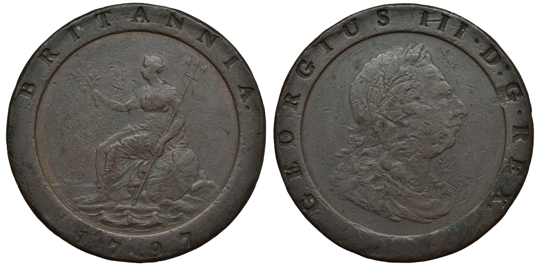 Великобритания 2 пенса 1797 Георг III (1760-1820), большой формат, вес 56,33 гр KM 619, Spink 3776 медь 1524-613