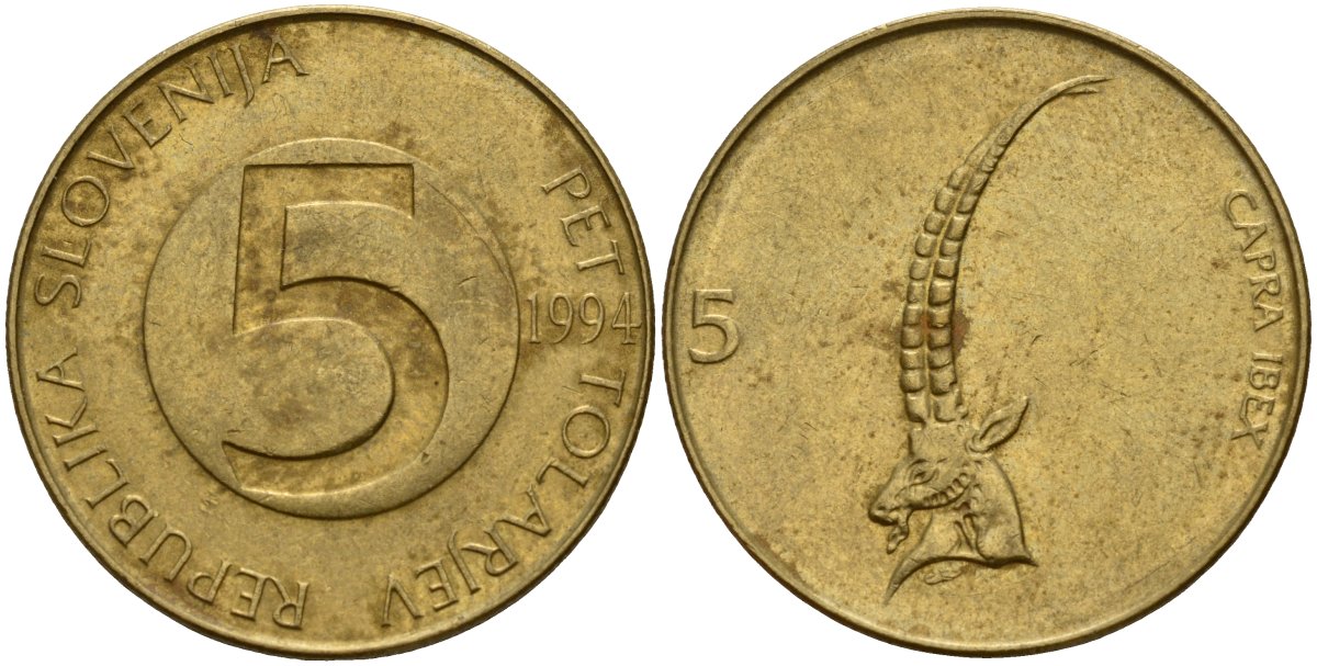 Словения 5 толаров 1994 альпийский козёл KM 6 латунь 4159-612