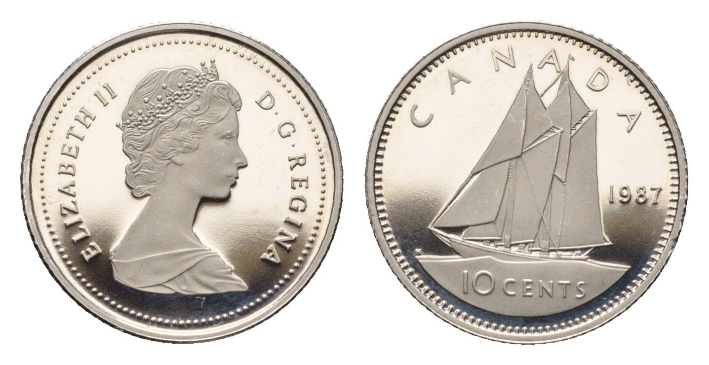 Канада 10 центов 1987 Елизавета II (1952-2022), парусник KM 77 никель PROOF 413-3922