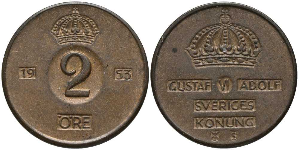 Швеция 2 эре 1953 TS, Густав VI Адольф (1950-1973) KM 821 бронза 202-631