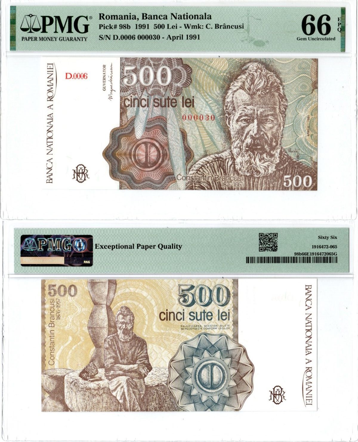 Румыния 500 лей 1991 Константин Бранкуши, "Бесконечная колонна". В слабе PMG 66 gem uncirculated Pick 98 b бумага UNC (пресс) 452-1-79
