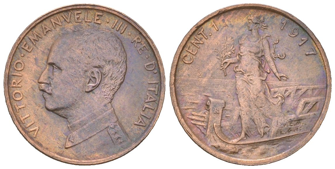 Италия 1 чентезимо 1917 Виктор Эммануил III (1900-1946) KM 40 медь 4615-265
