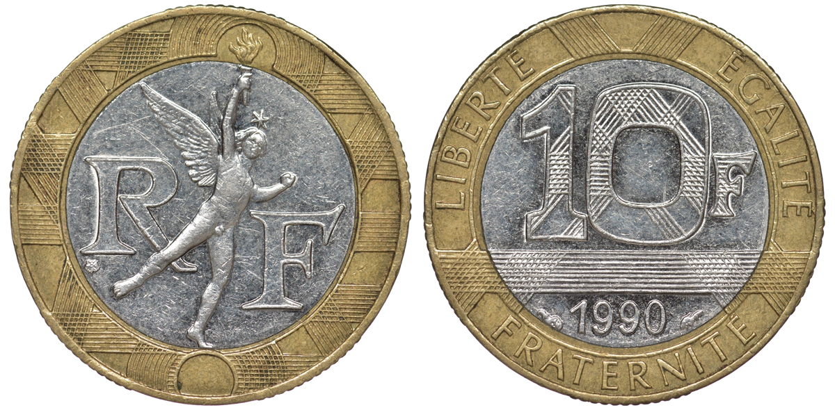 Франция 10 франков 1990 тип Гений Бастилии KM 964.1, Le Frank 375.5 биметалл 45-821