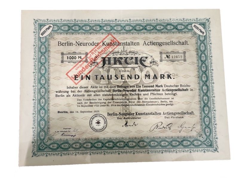 Германия акция в 1000 марок 1923 компании Berlin-Neuroder Kunstanstalten Actiengesellschaft / производство бумажных изделий и фотоматериалов бумага 5555-20