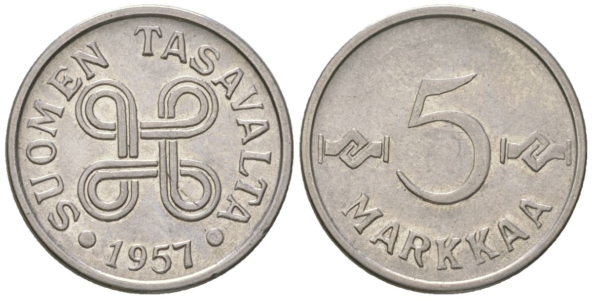 Финляндия 5 марок 1957 KM 37a железо плакированная никелем UNC 4169-255