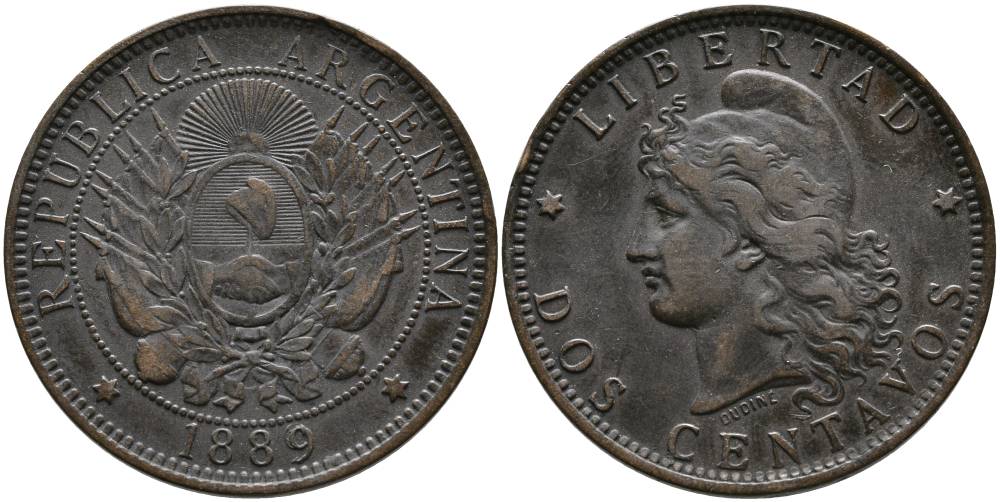 Аргентина 2 сентаво 1889 голова Свободы влево KM 8 бронза 4531-921
