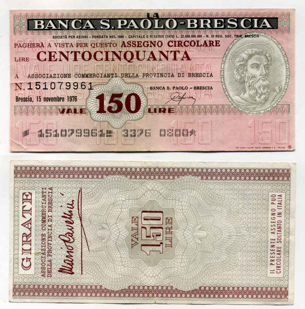 Италия чек на 150 лир 1976 Banca S. Paolo-Brescia, ассоциация торговцев провинции Brescia, 15 ноября 1976 бумага 8588-16-1-1