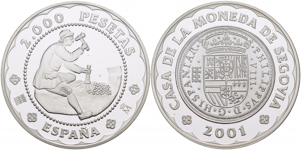 Испания 2000 песет 2001 500 лет монетному двору Сеговии, 8 реалов 1588 года, история монетной чеканки KM 1038 серебро PROOF 01-149-25