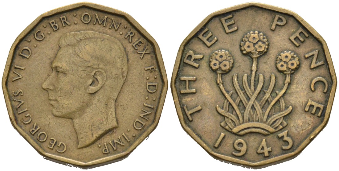 Великобритания 3 пенса 1943 Георг VI (1937-1952) KM 849, Spink 4112 никель латунь 4561-956