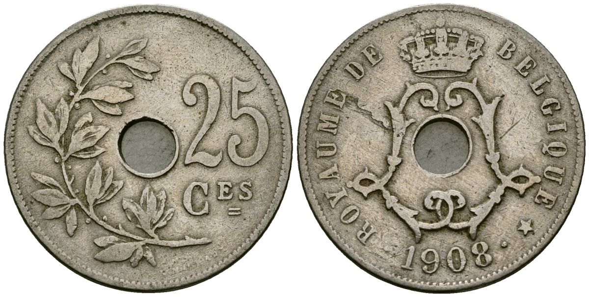 Бельгия 25 сантимов 1908 Belgique KM 62 медно-никель 4168-1131