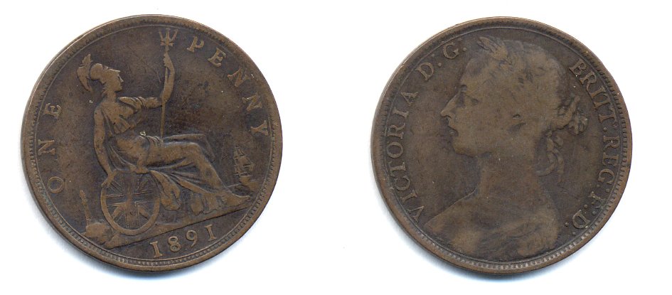 Великобритания 1 пенни 1891 Виктория (1837-1901) KM 755, Spink 3954 бронза 4379-135