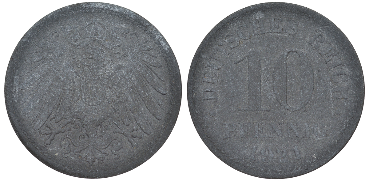 ГЕРМАНИЯ 10 ПФЕННИГОВ 1921 KM 26, J. 299 цинк 45-1267