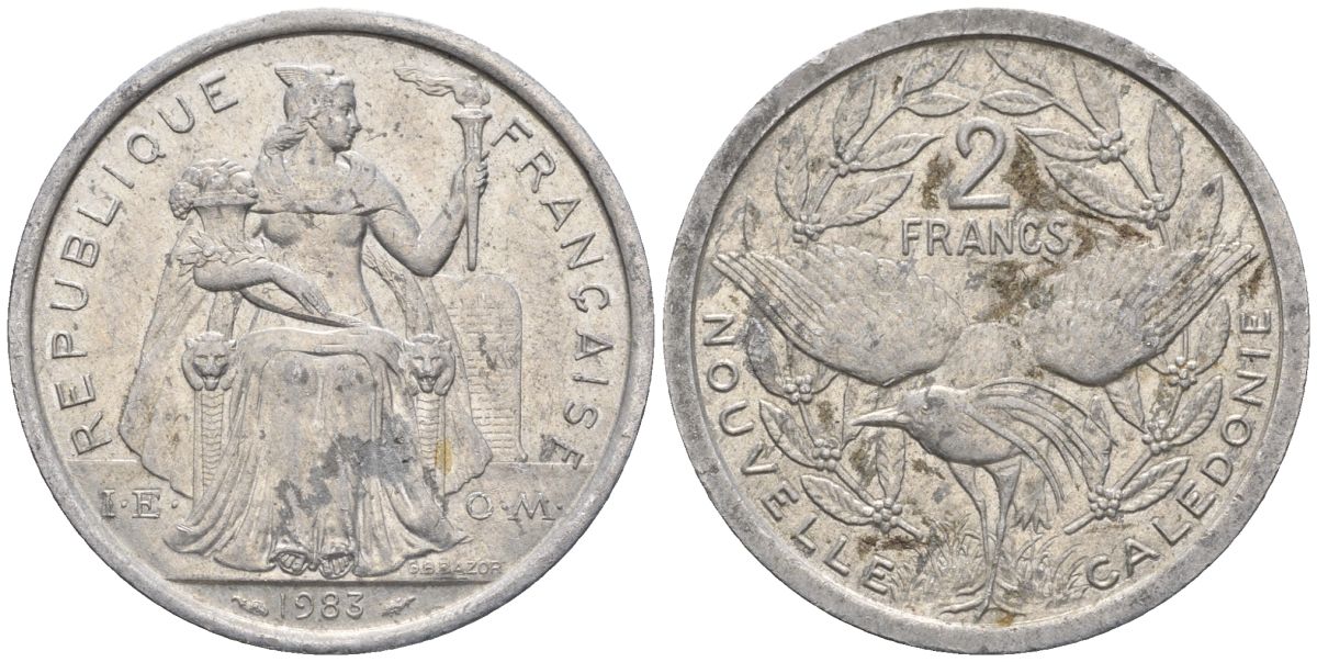 Французская Новая Каледония 2 франка 1983 птица кагу, (IEOM) KM 14, Schoen 11, Lec 63 алюминий    08-1026