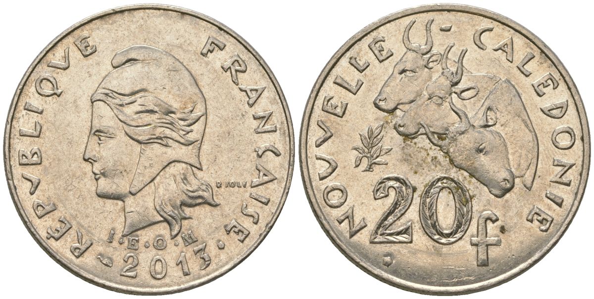 Французская Новая Каледония 20 франков 2013 три быка, (IEOM) KM 12a, Schoen 14a, Lec 115j медно-никель 84-1134