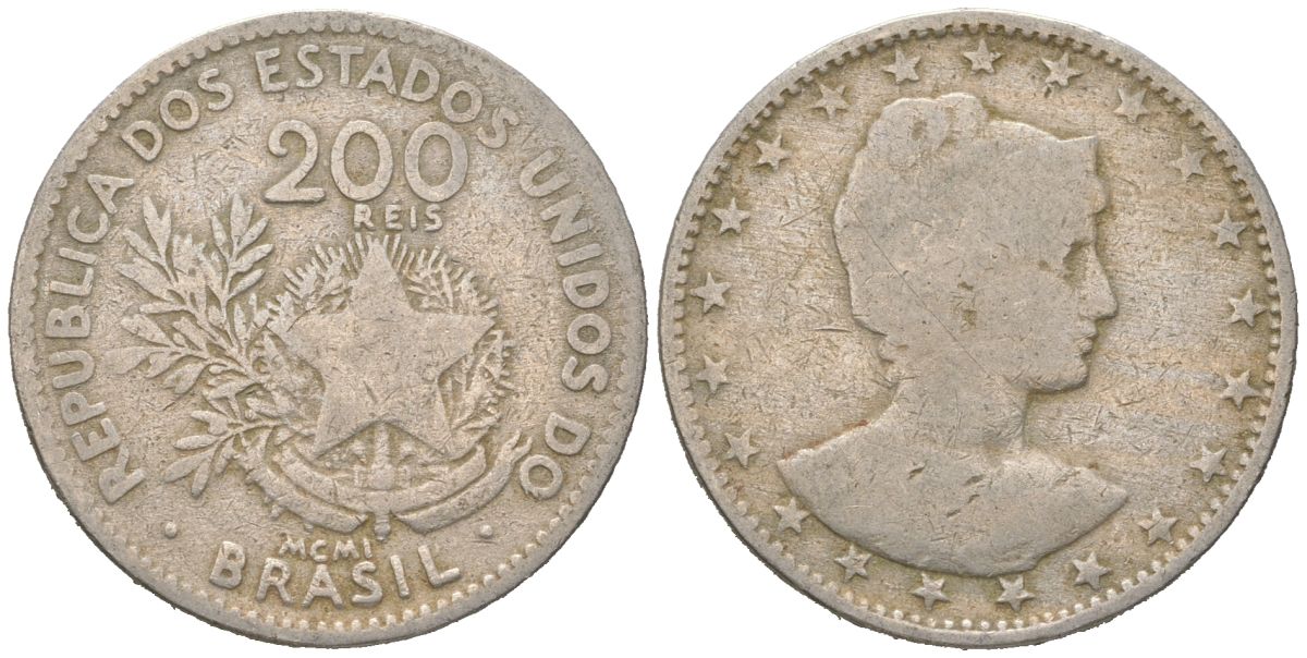 Бразилия 200 реалов 1901 MCMI, голова свободы вправо KM 504 медно-никель 4612-151