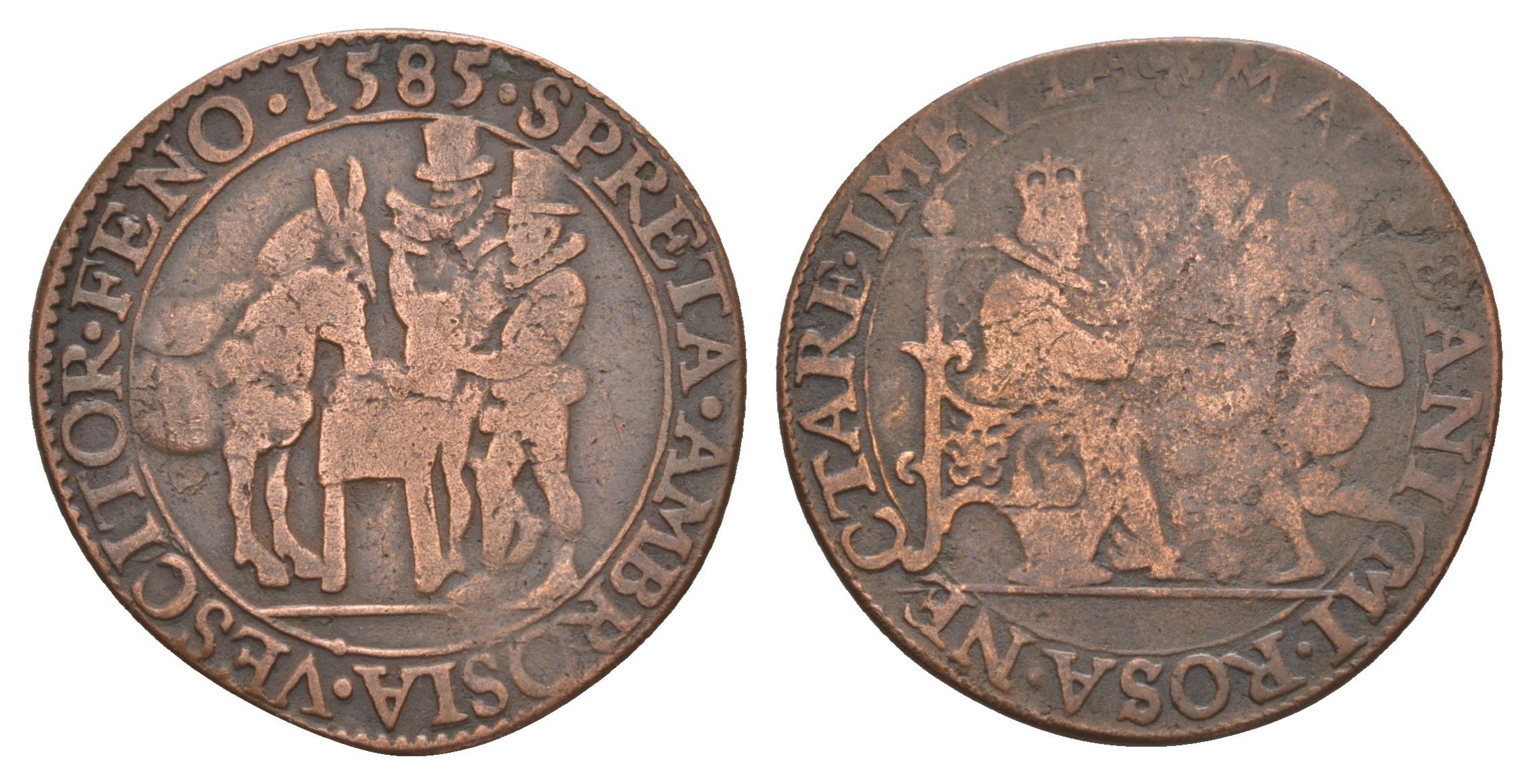 Испанские Нидерланды медаль "Елизавета I оказывает помощь голландцам, Антверпен и Неймеген сдаются" 1585 диаметр 28 мм, вес 5,49 гр медь 5010-125