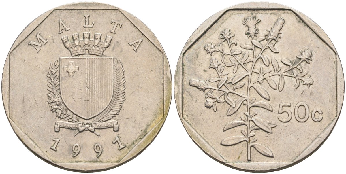 Мальта 50 центов 1991 девясил KM 98 медно-никель 4574-424