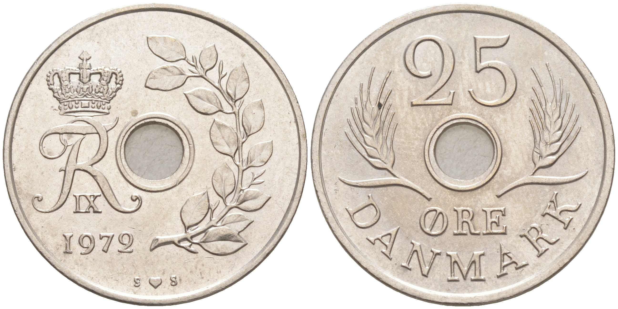 ДАНИЯ 25 ЭРЕ 1972 S; S, ФРЕДЕРИК IX (1947-1972) KM 855.2 медно-никель UNC 106-233