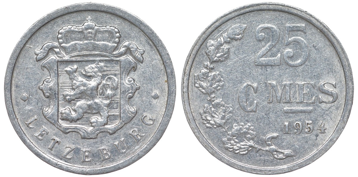 Люксембург 25 сантимов 1954 KM 45a.1 алюминий 4164-351