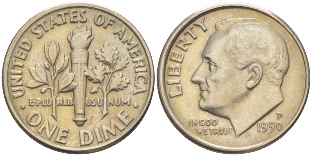 США 10 ЦЕНТОВ = 1 ДАЙМ 1990 P, РУЗВЕЛЬТ KM 195a медь плакированная медно-никелем 214-715